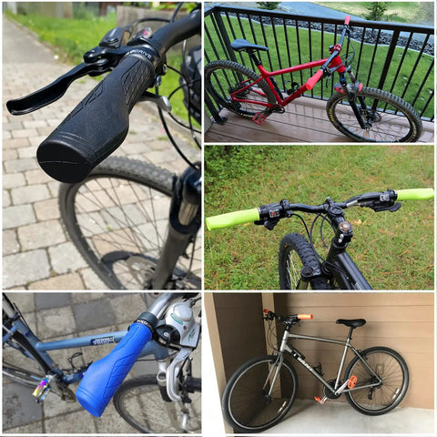 Collage of bikes with various ergonomic mountain bike grips with palm pad for all day comfort and pain relief; turquoise grips included.