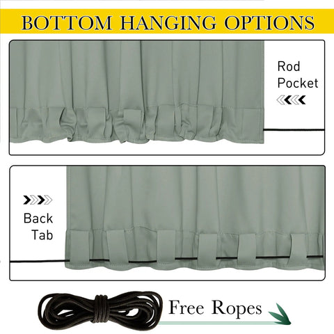 Sage green weighted outdoor curtains for patio with rope tie, rod pocket and back tab hanging options, 2 panels W52 x L84.
