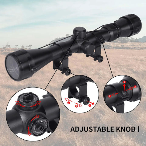 Rifle Scope 3-9x40 SFP With R4 Crosshair Reticle And Ring Mounts showing adjustable knobs for hunting and tactical use.