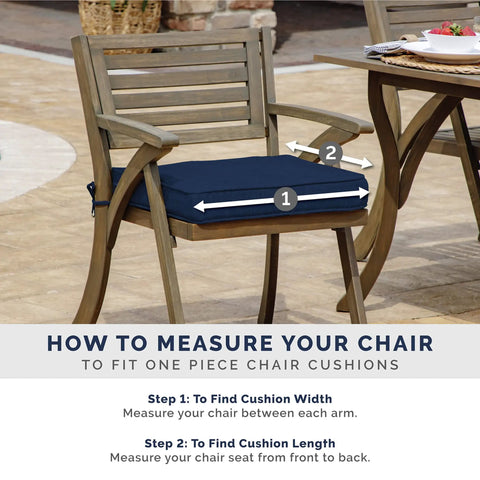 Outdoor toss pillows set of 2 16 by 16 inches all weather rain proof fade resistant sapphire blue cushions on wooden chair with measurement guide.