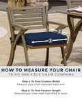 Outdoor chair with sapphire blue cushion, showing measurement instructions for 41.5x18 inch Weatherproof Outdoor Settee Cushion For Wicker Benches