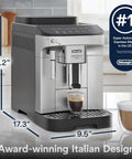 Magnifica Evo Automatic Espresso And Coffee Machine With Built In Grinder And Auto Clean Function Manual Milk Frother Delivers Latte Cappuccino Americano And Iced Coffee With Five One Touch Drinks on kitchen counter, dimensions labelled