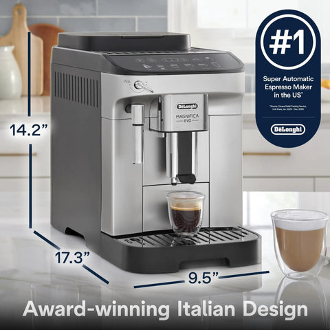 Magnifica Evo Automatic Espresso And Coffee Machine With Built In Grinder And Auto Clean Function Manual Milk Frother Delivers Latte Cappuccino Americano And Iced Coffee With Five One Touch Drinks on kitchen counter, dimensions labelled