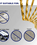 Titanium twist drill bit set in clear lid case; gold-coated HSS bits, 1/16"–1/2" range.