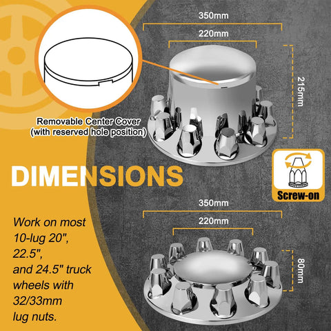 33mm Chrome Axle Cover Kit With Thread On Lug Nut Covers Includes 2 Front And 4 Rear Wheel Covers Dome Style Hub Caps For Semi Trucks Easy Install Tool Included dimensions and details