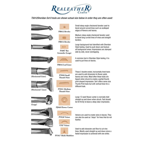 Image showing Leather Stamps Tool Set for Crafting with Sheridan Style Stamp Set II featuring 10 chrome-plated tools like bevelers, veiners, leaf liner, and thumb prints in a detailed layout.