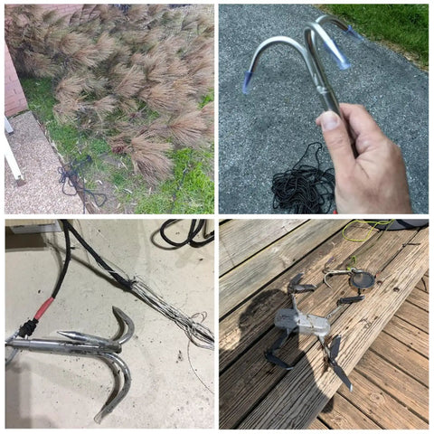 Heavy Duty 3 Claw Stainless Grappling Hook For Retrieval And Climbing Outdoor Gear shown in various outdoor and indoor settings
