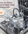 No Fuss 10 Cup Rice Cooker parts in dishwasher showing nonstick ceramic pot, lid, and steamer basket for easy cleaning.