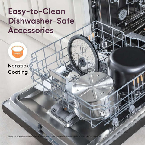No Fuss 10 Cup Rice Cooker parts in dishwasher showing nonstick ceramic pot, lid, and steamer basket for easy cleaning.