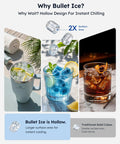 Fast Countertop Ice Maker Turns Out Eight Bullet Shaped Cubes In Six Minutes While Pumping Twenty Six Point Five Pounds Daily With Ample Water Reservoir For No Sweat Bar Setup And Always Chill Cocktails Or Quick Saturday Sips, showcasing hollow bullet ice in various drinks.