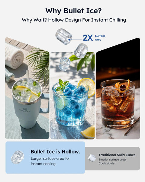 Fast Countertop Ice Maker Turns Out Eight Bullet Shaped Cubes In Six Minutes While Pumping Twenty Six Point Five Pounds Daily With Ample Water Reservoir For No Sweat Bar Setup And Always Chill Cocktails Or Quick Saturday Sips, showcasing hollow bullet ice in various drinks.