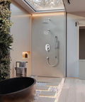 GRANDJOY Shower Faucet Set 10" Rainfall Shower Head Polished Chrome with dual shower heads in a modern bathroom setup.