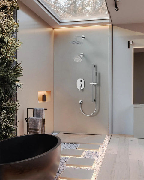 GRANDJOY Shower Faucet Set 10" Rainfall Shower Head Polished Chrome with dual shower heads in a modern bathroom setup.
