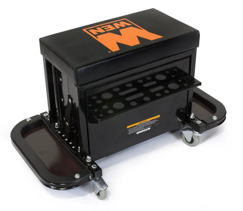 Heavy-Duty Pro-Grade Garage Glider Rolling Tool Chest Seat With 350-Pound Capacity, Cushioned Vinyl Pad, built-in tool slots