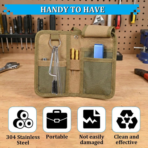 All-In-One Pro-Grade Carburetor Cleaning Kit with stainless steel tools and nylon brushes on workbench.