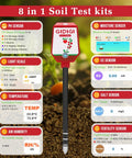 8 In 1 Smart Soil Tester With Bluetooth App Control For Garden And Lawn Care PH EC Moisture Salinity Sunlight Fertility Soil Temperature And Humidity Meter Readout with app interface displayed over soil background.