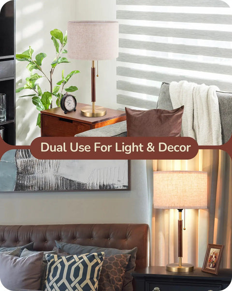 Mid Century Table Lamp With Pull Chain Switch Solid Wood And Metal Pole Frosted Bronze Wood Finish in living rooms