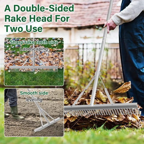 Aluminum Landscape Rake 36 Inch Head 67 Inch Handle Ideal For Lawn Care and Soil Loosening with double-sided head