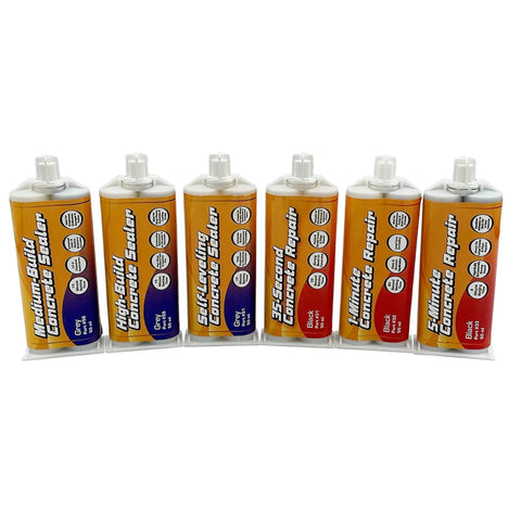 Six Go To Diy Ready Concrete Repair Adhesive Pro Grade cartridges of various types and colors, standing upright.