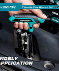 Person using Versatile Torx T Handle Wrench Set With Nine Sizes From T10 To T50 And Two Tip Design For Quick DIY Auto And Bike Repairs Includes All In One Durable Storage Rack Great For Cars Motorcycles Bicycles Furniture And Machinery on car engine
