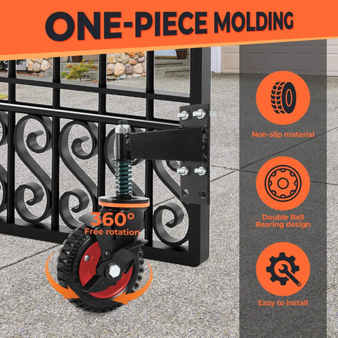 6 Inch Gate Wheels With Brake, 360 Degree Swivel, Spring Loaded Gate Rollers For Metal And Wood Gates installed on gate