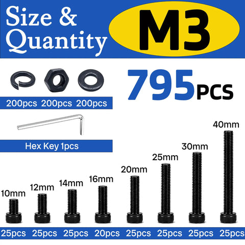 795Pcs M3 Screws Kit With Hex Socket Head Bolts, Nuts, And Washers M3x10 12 14 16 20 25 30 40mm, 12.9 Alloy Steel Black Zinc Plated Ideal For DIY Projects And 3D Printer Builds. M3 bolt sizes and counts chart