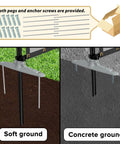 Anchoring options for 6x24 Privacy Fence Kit Freestanding Mesh Screen With Iron Poles; includes pegs and screws for soft and concrete ground.