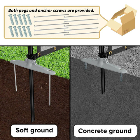 Anchoring options for 6x24 Privacy Fence Kit Freestanding Mesh Screen With Iron Poles; includes pegs and screws for soft and concrete ground.