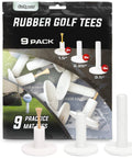 Durable Golf Rubber Tees Set With 1.5, 2.25, And 3.5 Inch Heights for Indoor And Outdoor Mats, package and three tees displayed