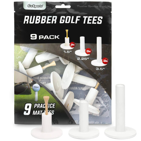 Durable Golf Rubber Tees Set With 1.5, 2.25, And 3.5 Inch Heights for Indoor And Outdoor Mats, package and three tees displayed