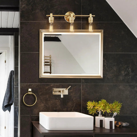 5 Piece Bathroom Accessory Set With 3 Light Vanity Fixture In Matte Brass Finish Open Socket Design Towel Bar Towel Ring Robe Hook And Toilet Paper Holder For A Slick Modern Bath Makeover