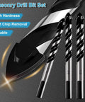 Close-up of masonry drill bit set with carbide-tipped bits (5/16, 3/8, 1/2 in); chrome shafts with black spirals