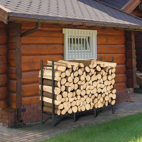 4 Foot Firewood Rack With Weatherproof Cover, Outdoor Log Storage And Indoor Firewood Stand, next to cabin wall.