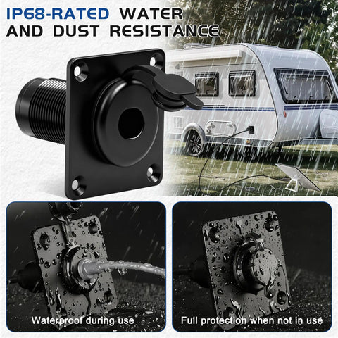 Wall Socket Pass Through Kit For Starlink Gen3 Gen4 IP68 waterproof socket next to RV, showcasing outdoor durability and no-drill use.