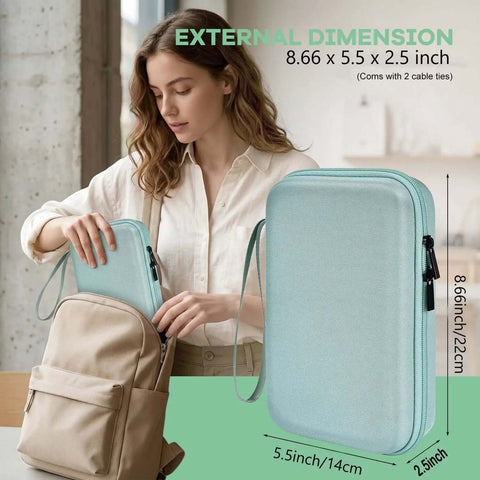 Woman placing Road Trip Ready Hard Shell Electronics Organizer Case For Macbook Chargers Adapters Cables Power Bank Usb Drives Sd Cards And Tech Gears With Shockproof Protection Green Bag into backpack.
