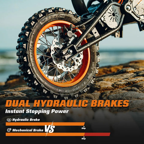 Close-up of RM7 Electric Dirt Bike For Teens And Adults, dual hydraulic brakes with 14/12 inch off road tire on rocky terrain