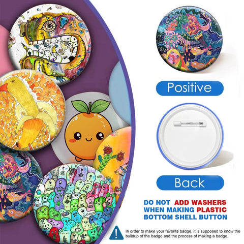 Straight Up Pro 58Mm Button Maker Kit 200 Piece Round Pin Assembly showing colorful badge designs and backside assembly instructions.