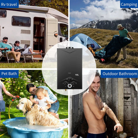 Portable Tankless Water Heater 4.21 GPM Outdoor Propane Gas On Demand With Digital Display, various outdoor uses shown