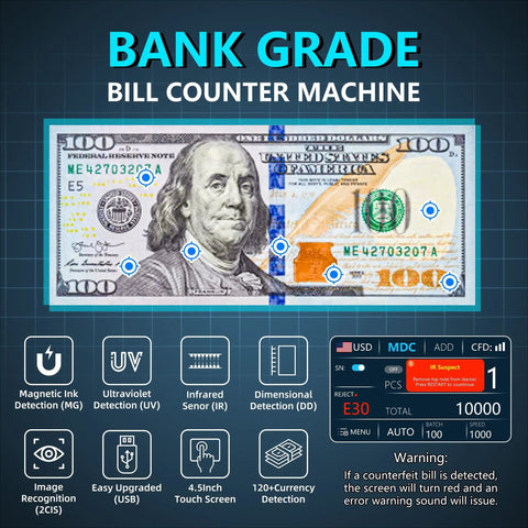 Money Counter Machine For Mixed Denominations With Serial Number Tracking And Multi Currency Counterfeit Detection features.