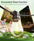 Close-up of 200Ft LED Outdoor String Lights With Remote Dimming Timer And 3 Lighting Modes 64 Shatterproof Edison Bulbs on patio