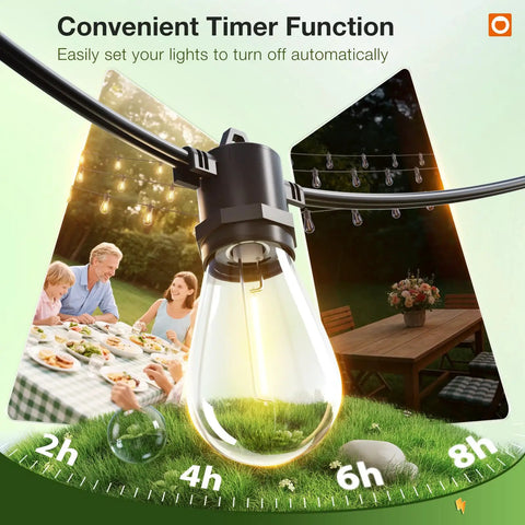 Close-up of 200Ft LED Outdoor String Lights With Remote Dimming Timer And 3 Lighting Modes 64 Shatterproof Edison Bulbs on patio