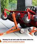 800 Pound Lawn Mower Jack With Foot Assist Lift For Zero Turn And Stand On Mowers Heavy Duty Orange Lift System With Safety Design And Multiple Lifting Points For Easy Access And Versatile Use. Orange steel mower jack lifting a red zero-turn mower for maintenance