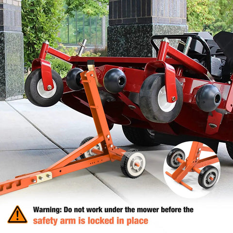 800 Pound Lawn Mower Jack With Foot Assist Lift For Zero Turn And Stand On Mowers Heavy Duty Orange Lift System With Safety Design And Multiple Lifting Points For Easy Access And Versatile Use. Orange steel mower jack lifting a red zero-turn mower for maintenance