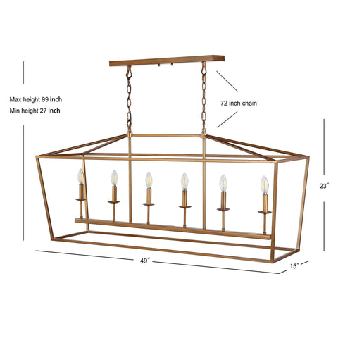 Solid Six Light Pagoda Pendant Ceiling Lamp Offering Wide Forty Nine Inch Open Wire Cage Frame Finished In Classy Antique Gold Color Combined With Timeless Energy Saving Led Bulbs For Quick Home Glow Up And Easy Install.