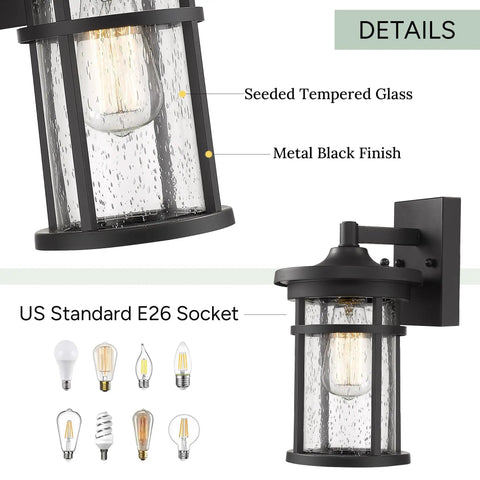 Black Outdoor Wall Light Fixture Seeded Glass Modern Farmhouse Exterior Lantern With E26 Base showing details of socket