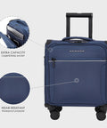 Underseat Carry On Luggage 15 Inch Softside With Spinner Wheels USB Port Navy, front view showing pockets and material details