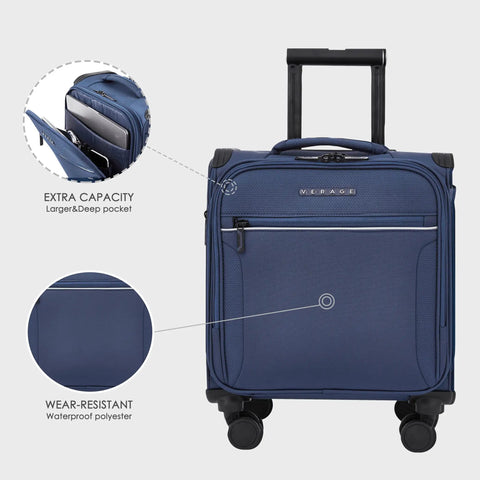 Underseat Carry On Luggage 15 Inch Softside With Spinner Wheels USB Port Navy, front view showing pockets and material details