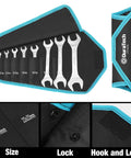 Super Thin Open End Wrench Set Metric With Rolling Pouch Ultra Slim Spanners in case, showing sizes from 5.5mm to 27mm