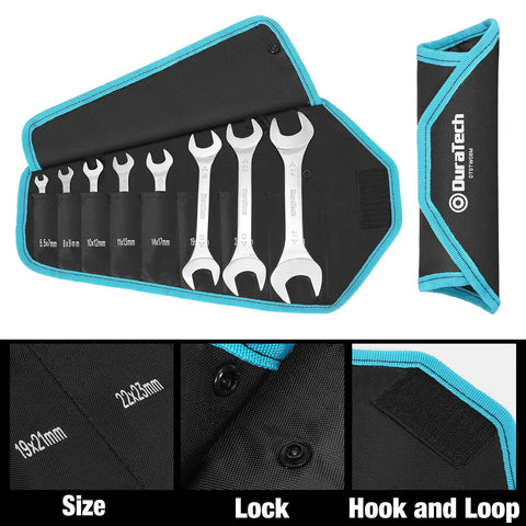 Super Thin Open End Wrench Set Metric With Rolling Pouch Ultra Slim Spanners in case, showing sizes from 5.5mm to 27mm
