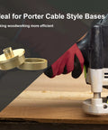 13 Piece Brass Router Template Bushing Guides Set With Carrying Case For Precise Routing displayed with Porter-Cable base